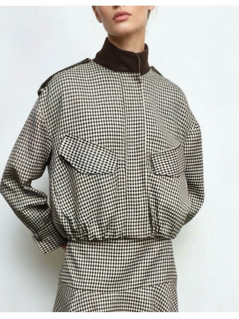 Zara Black & Cream Checked Bomber Jacket